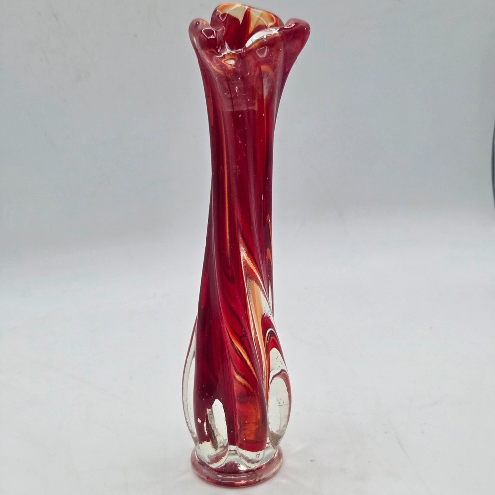 Vintage Stretch Swung 3 Finger Art Glass Bud Vase Red and Clear 9" Tall MCM